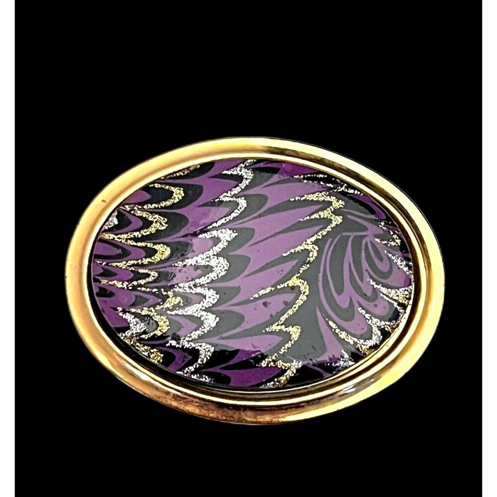 Vintage 1970s Scarf Clip Gold Tone Purple Abstract Glitter Design - 13C